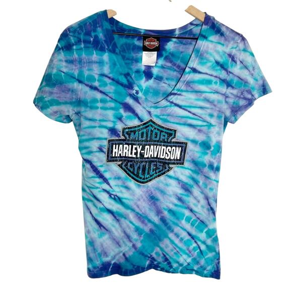 HARLEY DAVIDSON WOMEN SHORT SLEEVE BLUE PURPLE TOP SIZE MEDIUM - Picture 1 of 7